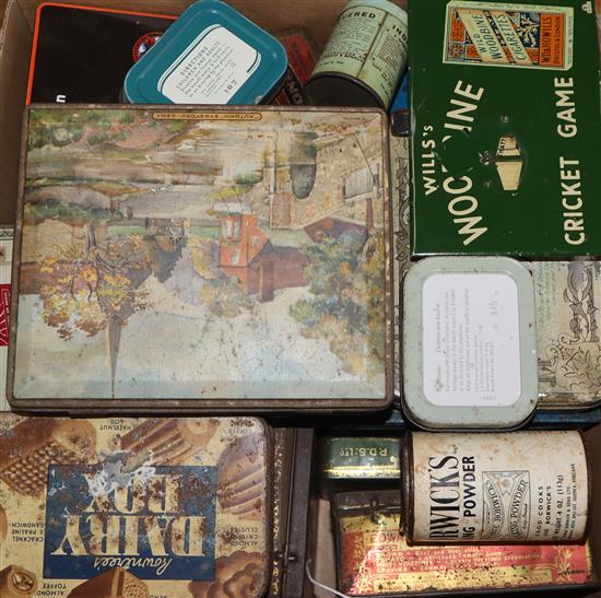 A Wills woodbine tin, cricket game, two Players signs and assorted tins